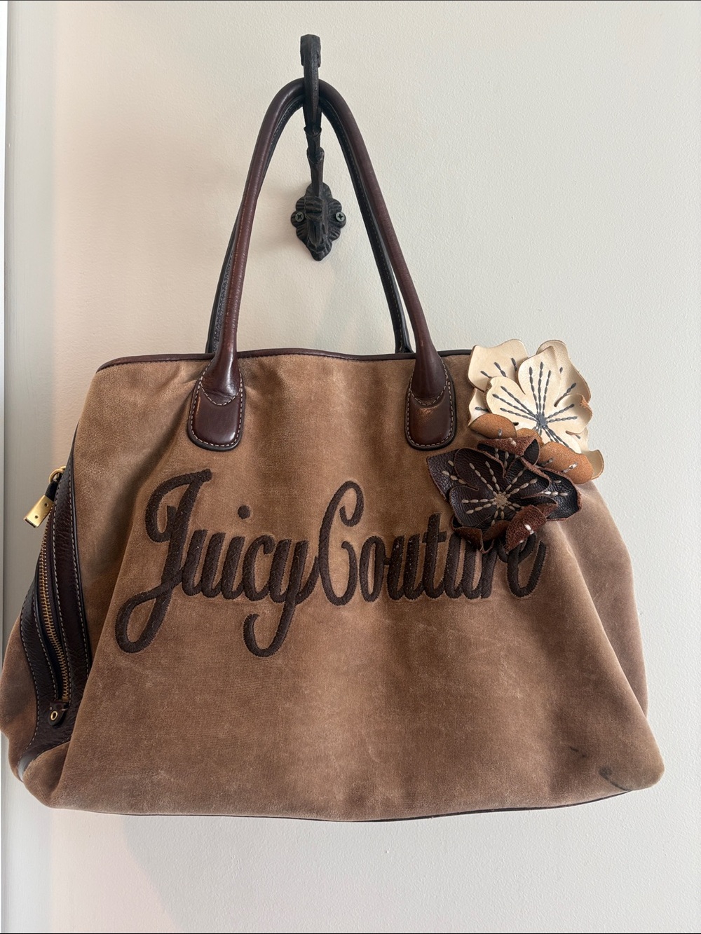 Juicy Couture Brown Suede Tote with Floral Appliqués Vintage Y2K